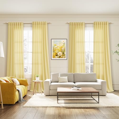 Image of Yellow Linen Textured 96 Inch Curtains 2 Panel Set Back Tab Rod Pocket Sheer Light Filtering Boho Room Decor Aesthetic Curtains Burlap Look Curtain Drapes for Living Room Bedroom 8Ft 52x96 Inch