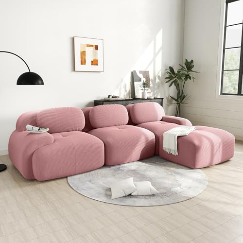 117.3' L-Shaped Cloud Couch Modular Sectional Sofa - Boneless Deep Seat 3-Seater with Movable Ottoman, No Assembly, Corduroy Upholstery Couches for Living Room (Pink)