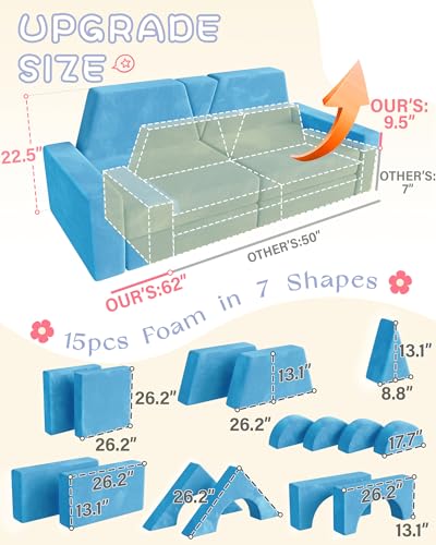 Image of YEFU 15pcs Modular Kids Play Couch，1000+ Imagination Creative Play | for kids ages 1+,7 shapes,countless configurations,30D high-density foam,fort building,washable cover, playroom,birthday gift