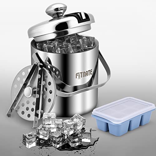 Stainless Steel Ice Bucket Set[1.5L] With Strainer, Ice Tong And Ice Tray – Portable Double Wall Insulated Keep Ice Frozen Longer - Ideal For Bar, Parties, Chilling Wine, Champagne #TOP1