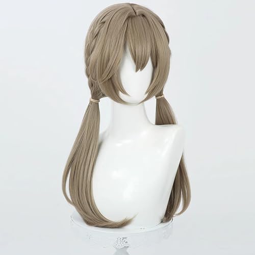 Image of Anime /Game Brown Green Wigs with Bangs Long Straight Wig with Braid Ponytail Adult COS Mahjong Sparrow Role Cosplay Wigs Halloween,Christmas,Comic con,Game Show,Party