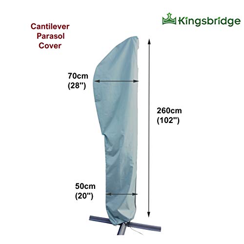 Kingsbridge Cantilever Parasol Cover, 600D Heavy Duty Fabric, Waterproof, Anti UV, fits up to 3M Parasols. Grey Outdoor Banana Overhanging Parasol Cover. Dimensions (Width x Height) 70cm x 260cm.