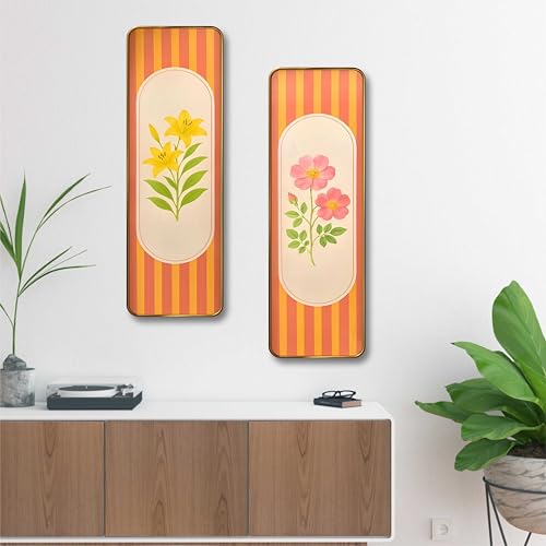 Image of Livin'luxe Striped Floral Set of 2 Vertical MDF Wall Panels | Premium Sparkle Lamination Finish | Modern Yellow & Pink Flower Art for Living Room & Bedroom Wall Decor 20 Inch x 30 Inch