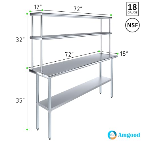 Image of AmGood Stainless Steel Work Table with 12 inch Wide Double Tier Overshelf | Metal Kitchen Prep Table & Shelving Combo | NSF (Stainless Steel Table with Double Overshelves, 72 inch Long x 18 inch Deep)
