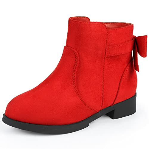 PANDANINJIA Polly Girls Boots Toddler Kids Ankle Boots Dress Short Bow Booties with Side Zipper (Red Suede, 3 M US Little Kid)