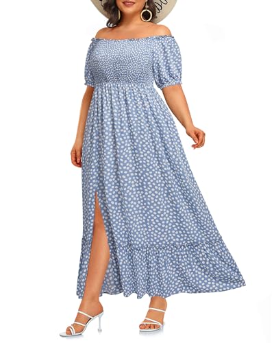 Image of Plus Size Summer Dresses Sun - Maxi Boho Casual Off Shoulder Floral Lace Long Dress with Pockets