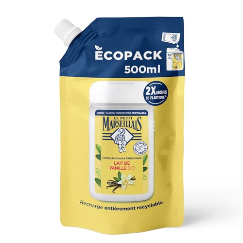 Le Petit Marseillais | Recharge Crème de Douche Extra Douce Lait de Vanille Bio (écopack de 500 ml) – 92% d'ingrédients d'origine naturelle – pH neutre pour la peau et sans colorant