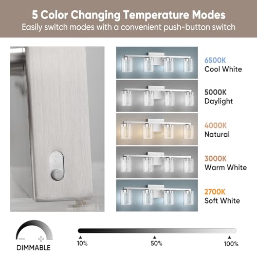 Lightania 4-Light Bathroom Light Fixtures, Dimmable 5CCT Brushed Nickel Vanity Lights, 2700K-6500K Adjustable Bathroom Vanity Light, LED Bathroom Lights Over Mirror with Crystal Bubble & Clear Glass