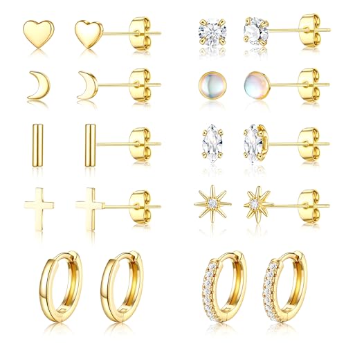 Small Gold Stud Earrings Set for Women - 14K Gold
