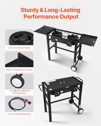 Image of VEVOR 2 Burner Outdoor Propane Gas Stove, 150,000 BTU Propane LPG Gas Camping Stove, Foldable Heavy-duty Carbon Steel Outdoor Cooker, with Wheels & Shield & 20 PSI Regulator, for BBQ Camp Home Patio