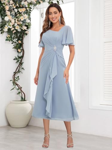 Tea Length Mother of The Bride Dresses with Sleeves Chiffon V Neck Ruffles Beaded A Line Formal Wedding Guest Dress3