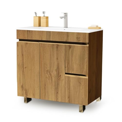 EL BAÑO MODERNO Juego Mueble Baño con Lavabo. Mueble Lavabo 80 cm. Mueble Bajo Lavabo Compacto Preinstalado de Fábrica. Mueble Baño con Lavabo 80 cm con Pie de Porcelana. No Incluye Espejo.