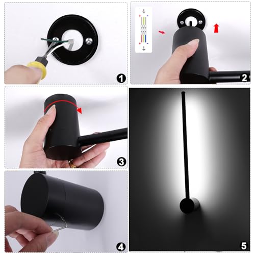 Image of Kawell 12W Indoor LED Wall Light Bar Rotatable Wall Lamp Modern Hardwired Wall Sconce Black for Bedroom Living Room Stair Study, Cold White