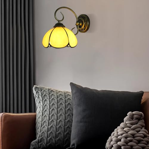 Image of 8 inch Vintage Stained Glass Wall Sconce Yellow Bending Shade Simple Wall Mounted Lamps for Bedroom Over Bed Hardwired Bathroom Lights Over Mirror Fixture with Plug Cord Switch Flower Design