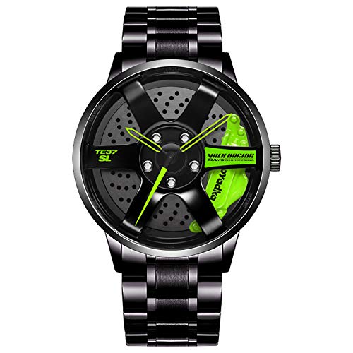 Menâ€™s Sports Chronograph Stainless Steel Quartz Quartz Watch Watches with Car Wheel Rim Hub Design Green