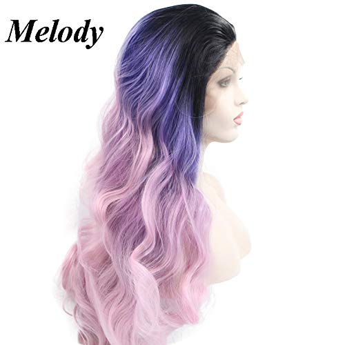 Synthetic Lace Front Wigs Purple To Pink 2T Natural Wave With Dark Roots Free Part 180% Density Half Hand Tied Heat Resistant Fiber Hair for Women 24''