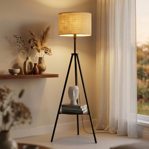 Image of PrettyKrafts Natural Floor Lamp with Shelf (Bulb Not Included) | Wooden Standing Lamp with Decorative Shelf | Modern Decorative Floor Light for Living Room, Bedroom & Study | Size 30 x 30 x 140 cm