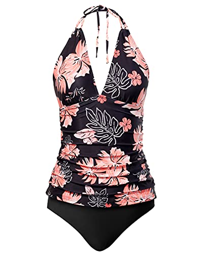 Image of Yonique Womens Two Piece Swimsuits Tummy Control Tankini Plus Size Bathing Suit Halter V Neck Swimwear