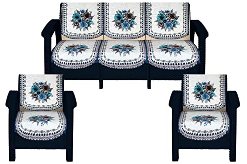 Image of The Furnishing Tree Velvet Floral Pattern 10 Pieces 5 Seater Sofa Cover Set Blue