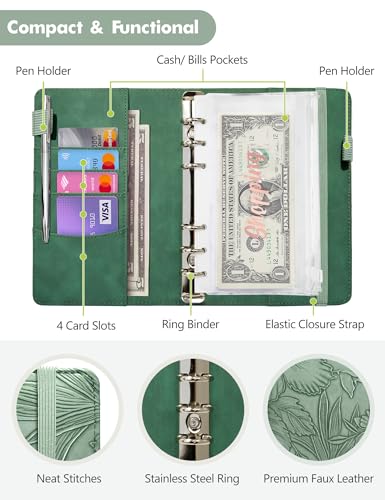 Image of A6 Budget Binder for Money Saving, PU Leather Budget Planner with 8 Cash Envelopes, Budget Sheets & Rose Gold Category Stickers, Money Organizer for Cash (Green Embossed Floral)
