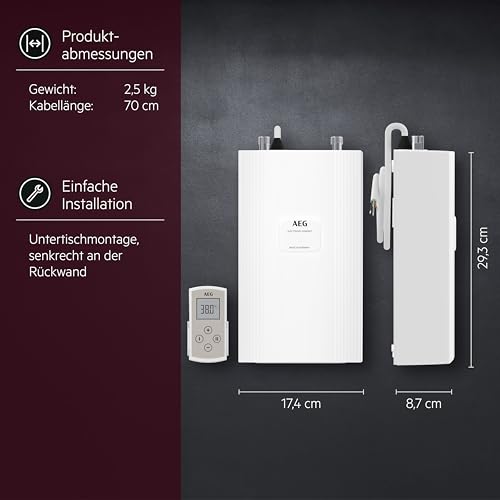 AEG DDLE 230769 Electronic Compact Instantaneous Water Heater FB 11/13 kW with Remote Control for the Kitchen, Made in Germany, Fixed Connection 400 V, Solar-safe, Under-Sink Mounting, VDE Tested