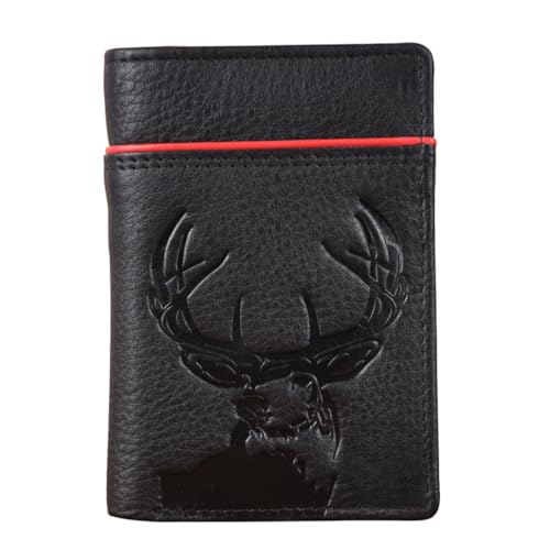 Image of Men's Trifold Leather Wallet with Deer Emboss & Red Accent Trim | Full-Grain Nappa Leather | RFID Blocking Slim Card Holder | Gift for Husband, Dad, Boyfriend