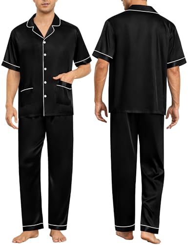SWOMOG Couples Pajamas Sets Women & Men Satin Short Sleeve Sleepwear Button Down Loungewear Pjs Set with Long Pants Men - 2 Pockets Black Medium3