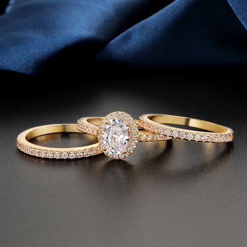 MDFUN Three in One Round/Oval/Eye/Teardrop Halo Wedding Bands Set Engagement Rings 18K Yellow Gold Plated Cubic Zirconia Promise Eternity Band for Women Size 5-104