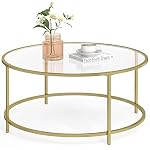 VASAGLE Table Basse Salon, Meuble de Salon en Verre, Cadre en AER, Table Basse Ronde, Doré LGT21G