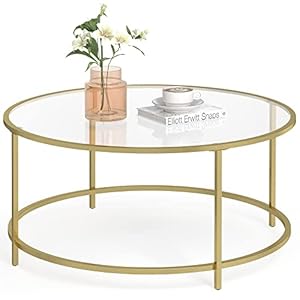 VASAGLE LGT21G Living Room Coffee Table Living Room Glass AER Frame Round Coffee Table Gold
