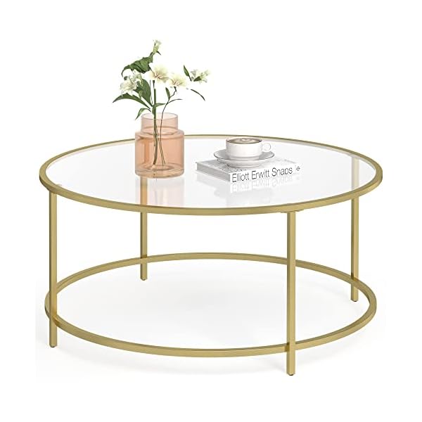 VASAGLE Table Basse Salon, Meuble de Salon en Verre, Cadre en AER, Table Basse Ronde, Doré LGT21G