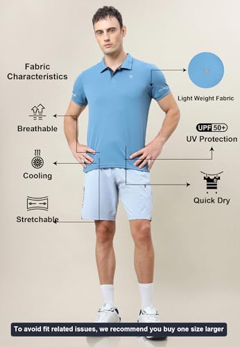 Image of TECHNOSPORT Men's Solid Slim Fit Polo Collar T-Shirt TECHNOCOOL+ Half Sleeve Button Polyester for Gym Running Workout UPF50+ Anti Odour