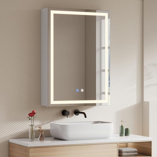 Warmiehomy Bathroom Mirror Cabinet with LED Lights,50x70cm 3-color Dimmable Illuminated Bathroom Mirror Cabinets with Shaver Socker Defogger Touch Switch One Door,White Frame - Cosy Home Interiors Warmiehomy Bathroom Mirror Cabinet with LED Lights,50x70cm 3-color Dimmable Illuminated Bathroom Mirror Cabinets with Shaver Socker Defogger Touch Switch One Door,White Frame