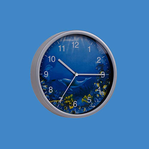 Keygift Wall Clock Silver, 8 Inches Silent Non-Ticking Quartz, Ocean Theme Wall Decor With Dolphins, Battery Operated Round Clock For Kids Room/Living Room/Office/Kitchen/Classroom, Easy To Read #TOP5