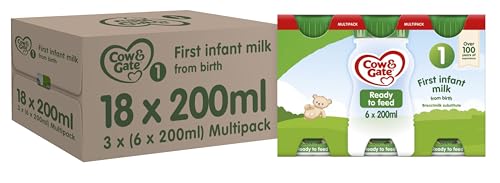 Cow & Gate 1 First Infant Baby Milk Ready to Use Liquid Formula, from Birth, 200 ml, (Pack of 18)