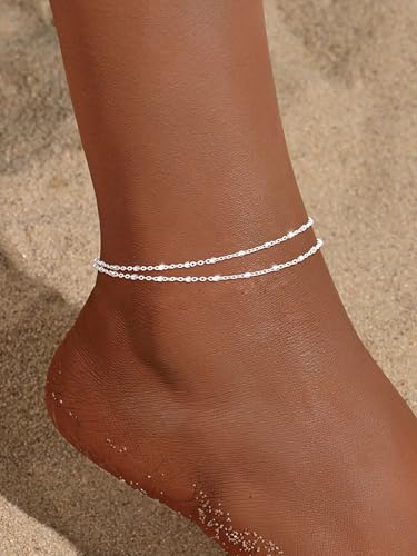 Image of Coshilta Gold /Silver Anklets for Women,14k Gold /Silver Plated Evil Eye Ankle Bracelets for Women Waterproof Layered lightweight Cuban Link Figaro Chain Diamond Heart Anklet Summer Beach Jewelry Gift
