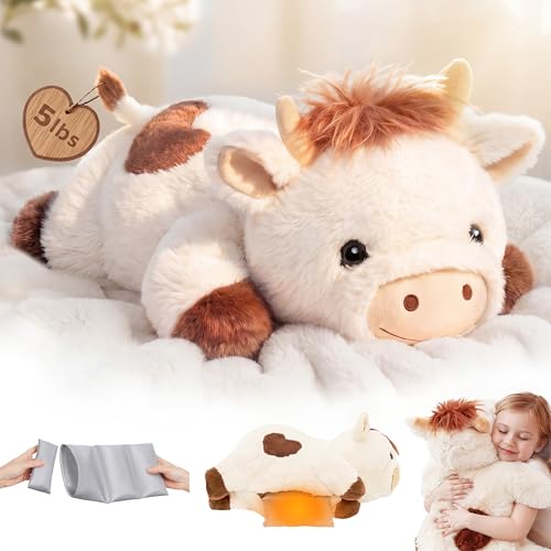 Image of Mewaii Weighted Stuffed Animals for Adults & Kids, 2-5 lbs - 23 inch Heatable Coolable Cow Plush, Microwavable Adjustable Removable Inner Pad, Realistic Hug Comfort Gift (White)