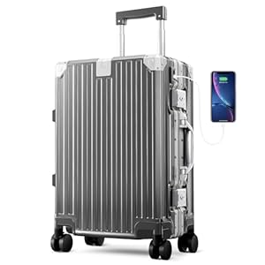 ALPHA CAMP Handgepäck Koffer 37x22x55, 5cm Polycarbonat Reisekoffer 37L TSA Schloss Hartschalenkoffer mit Rollen Suitcase Aluminium Rahmen Koffer Handgepäck Grau Rollkoffer Luggage Leicht für Reisen