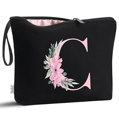 Vavabox Beauty case con iniziali personalizzate dalla A alla Z, regalo di compleanno per donne, regalo per sposa, damigella d'onore (C, 01-Nero)