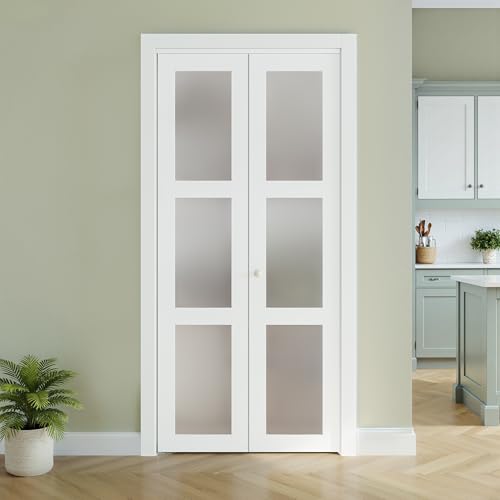 Bifold Door, for 28"x 80" Opening,Tempered Frosted Glass Pre-drilled Folding