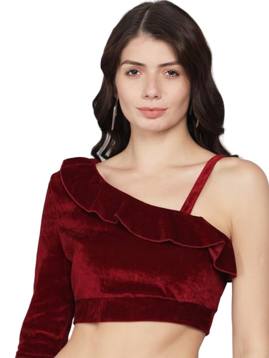 VaararoVelvet Blouse Tops for Women | One Off Shoulder Ruffle Styling Readymade Outfit