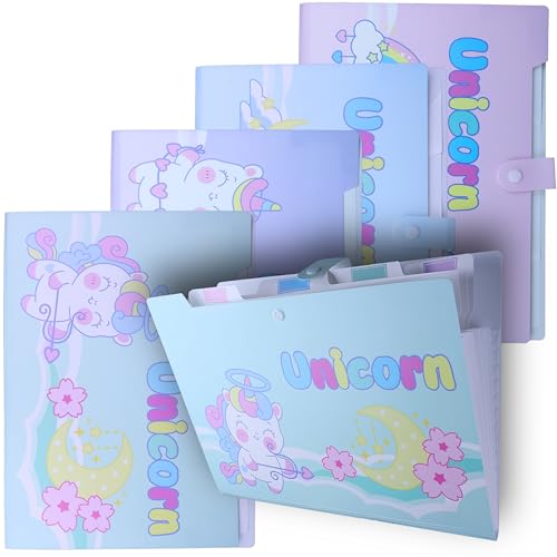 Image of SPS A4 Expanding File Folder - Pack of 4 | Unicorn Theme | 5 Pockets | Pastel Colors - Blue, Purple, Green, Pink | Snap Button Closure | Fits A4 & Letter Size | Cute & Kid-Friendly