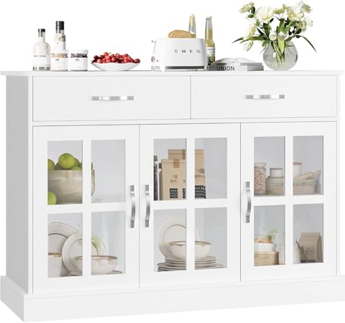 Miniatura 10 de Firfurd Aparador Cocina Con 3 Puertas De Cristal, Aparador Comedor, Vitrina Salón, Muebles De Salón, Vitrinas Expositora, 2 Cajones, Estantes Ajustables, Madera Y Cristal, Blanco, 120x40x84cm