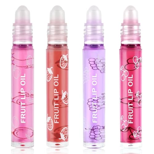 AOOWU Glitzer-Lipgloss Aufrollen, Farblos Roll on Lip Glow Oil Durchsichtig, 4 Stäbchen Fruity Moisturizing Lippenöl, Lip Gloss für Langanhaltend Glossy Pflegende Lippen (4 PCS)