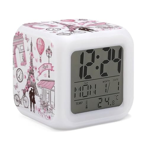 XUWU Romantic Paris Eiffel Tower Alarm Clock for Kids Boy Girl 7 LED Color Changing Wake Up Clock Home Decor Bedroom Digital with Temperature Display