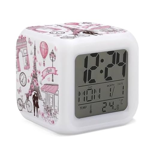 Romantic Paris Eiffel Tower Alarm Clock for Kids Boy Girl 7 LED Color Changing Wake Up Clock Home Decor Bedroom Digital with Temperature Display
