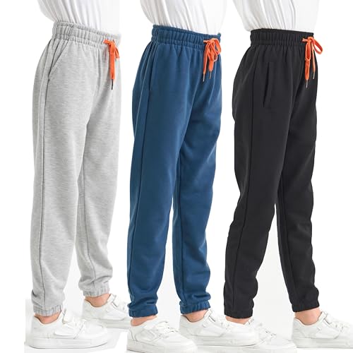 SOIBEEN Jungen Sweatpants 3-Pack Kinder Jogging Bottoms mit Tasche und Kordelzug Joggers für Kinder Sporthose Trainingsanzug Joghose Größe 9-10 Jahre 140 Höhe