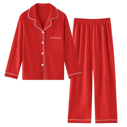 Umeyda Boys 100% Cotton Pajamas Set Kids Soft Long Sleeve Top and Pants Sleepwear 2 Pcs Button-Up Comfy Pjs Set for Ages 4-12