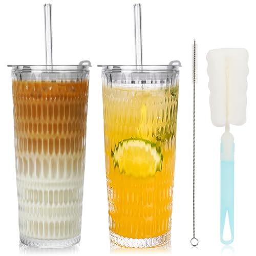 UHAPEER 2 Pack Glass Tumblers with Lids and Straws 18oz: Leak-Proof Drinking Glasses with Airtight Lid, Stylish Water Ripple Design, Reusable Glass Iced Coffee Cups for Cold Drinks, Car Holder Fit