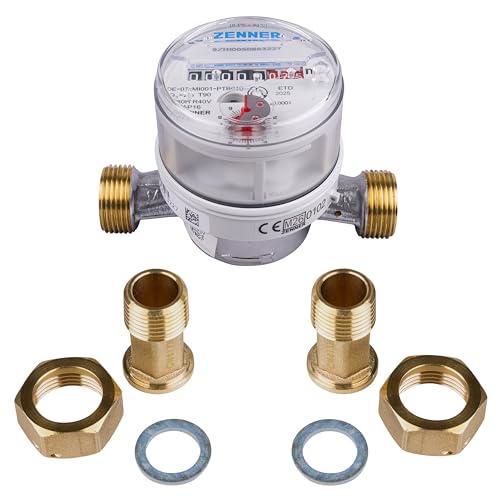 Zenner Wasserzähler Kalt- und Warmwasser 1/2 Zoll 110 mm Baulänge mit Verschraubung Eichung 2026 mit Kennzeichnung  CE M26 0102 Seitlich am Zähler.